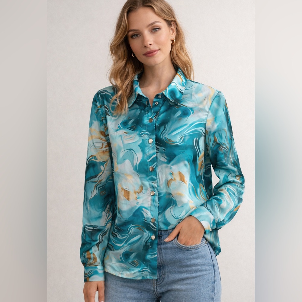 SHEIN Blue Marble Print Satin Button Up Blouse - Size Small